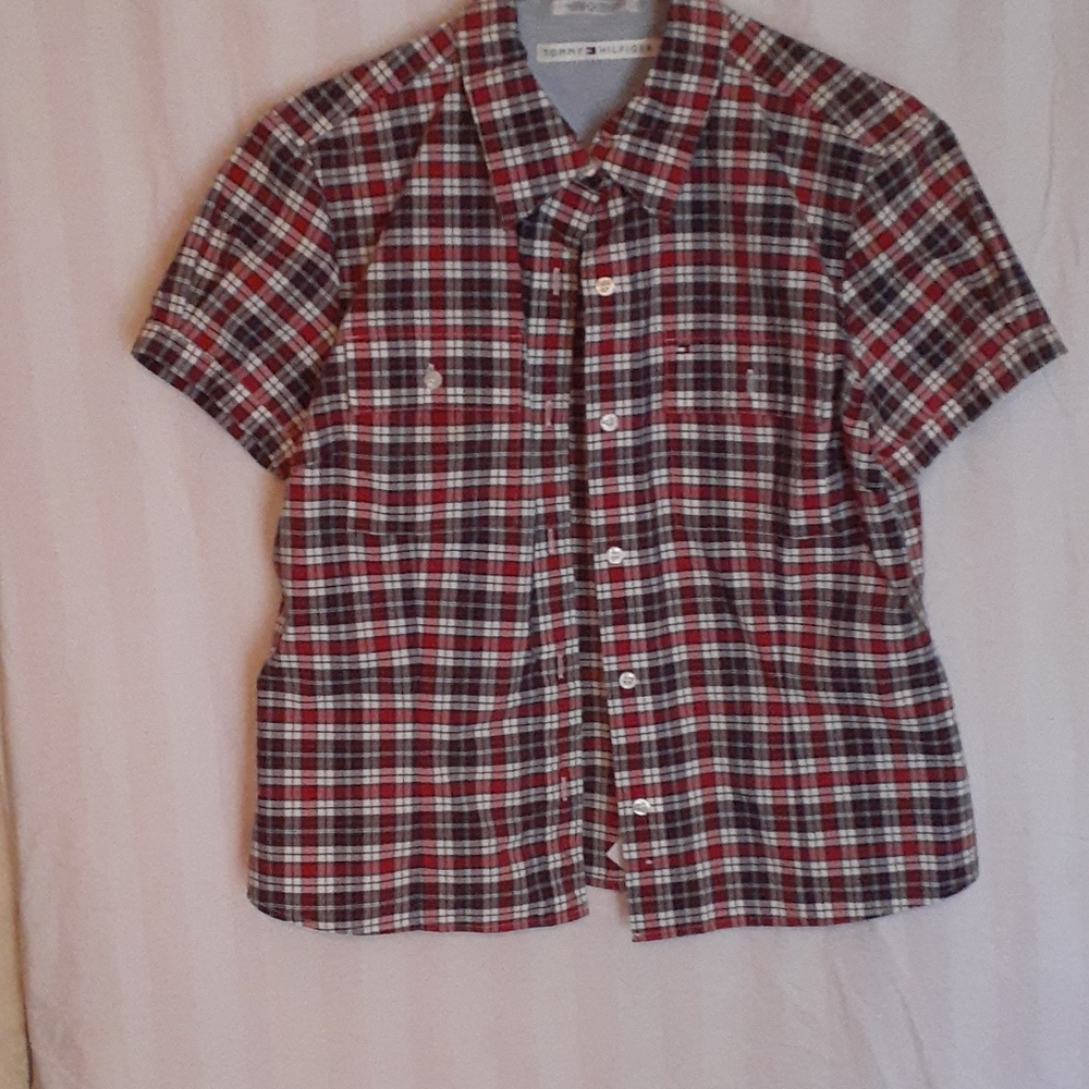 Boys red white and navy blue Tommy Hilfiger shirt